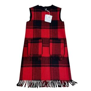 $240 NWT Il Gufo Plaid Pinafore Dress Red Black Fringe Wool Blend Kids Size 12A